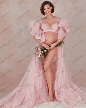 Žavinga Rožinė Tiulio Motinystės Suknelė Foto Šaudyti Gana-line Ilgu Tiulio Baby-dušas, Chalatas, Akių Ilgai Chalatai Boho Moterų Suknelės