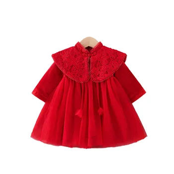 Žiemos Baby Girl ' s Sweet Nėrinių ilgomis Rankovėmis Cappa - line Šilta Suknelė Raudona Naujųjų Metų Fairy Princess Dress Vaikams baby girl šluostės