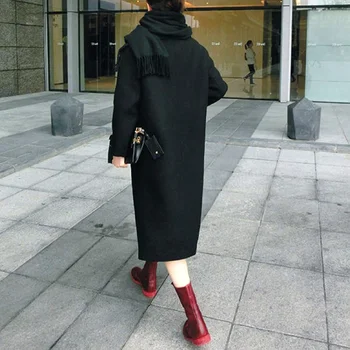 Žiemos Elegantiškas, Vilnoniai Paltai Moterims Mišinys Korėjos Stiliaus Juodi Ilgi Paltai Derliaus Vilnos Paltas Negabaritinių Outwear 2020 M.