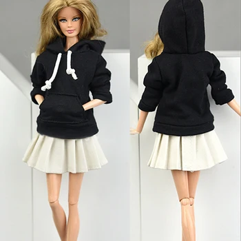 Žiemos Juoda Long Sleeve Top Hooddies Trumpais Sijonais Kostiumas Drabužius Barbie Lėlės Komplektus Drabužių 1/6 BJD Doll Priedai Vaikas