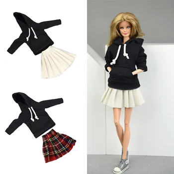 Žiemos Juoda Long Sleeve Top Hooddies Trumpais Sijonais Kostiumas Drabužius Barbie Lėlės Komplektus Drabužių 1/6 BJD Doll Priedai Vaikas