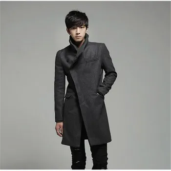 Žiemos Korėja Style Mens Tranšėjos Paltai 2017 Naujas Mados Dizaineris Unikalus Įstrižai Single-Breasted Vyrų Ilgos Tranšėjos Paltai Plius Dydis