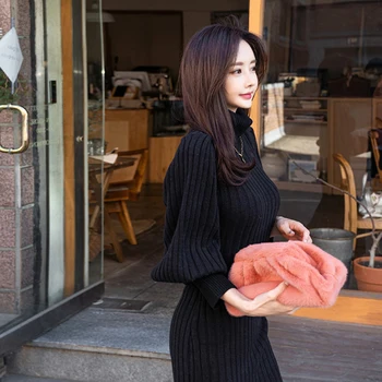 Žiemos megzti Megztinis Suknelė vienas gabalas Korėja Ponios ilgomis Rankovėmis trutleneck Seksualus šalis šiltas Suknelės moterims drabužių