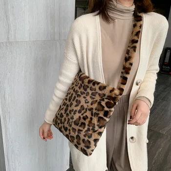 Žiemos naujas mados pečių maišą moterų leopard moterų krepšys didelis pliušinis žiemos rankinė krepšys minkštas šiltas kailis krepšys
