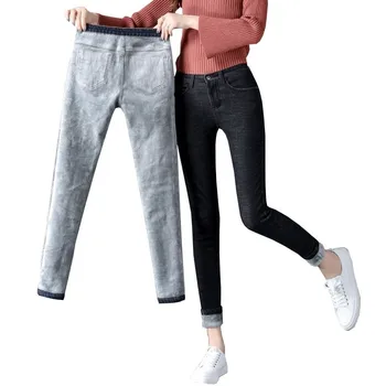 Žiemos Pliušinis džinsai moterų aukšto juosmens elastinga slim korėjos versija mažų kojų kelnės rodo, plonas dėvėti kelnes 2019 NAUJAS