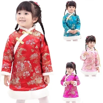 Žiemą Gėlių Baby Girl Suknelės, Paltai Vaikų Qipao Drabužiai, Viršutiniai Drabužiai Sping Festivalis Cheongsam Merginos Žemyn Striukė Chi-Pao Suknelė