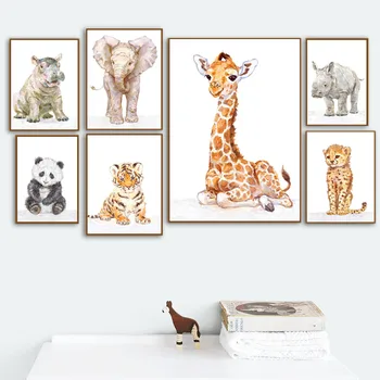 Žirafa, Dramblys Ir Tigras, Leopardas Hippo Sienos Meno Tapybos Drobės Šiaurės Plakatai Ir Spausdina Sienos Nuotraukas Kūdikių Vaikai Kambario Dekoro