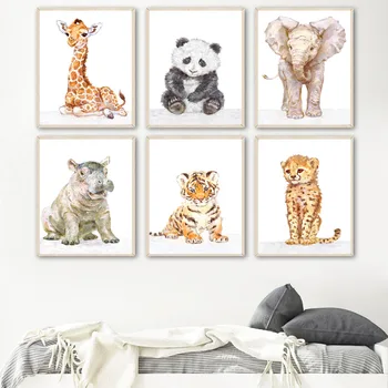 Žirafa, Dramblys Ir Tigras, Leopardas Hippo Sienos Meno Tapybos Drobės Šiaurės Plakatai Ir Spausdina Sienos Nuotraukas Kūdikių Vaikai Kambario Dekoro